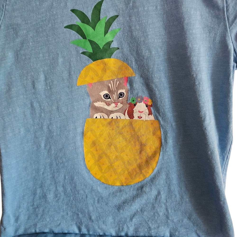 Boden Graphic Tee Pineapple Cat Guinea Pig Short Sleeve Top Blue Green 9 10 Year - Picture 3 of 7